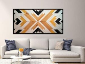 Cuadro de Salón geométrico en tonos miel blanco y negro