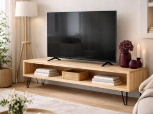 Mueble TV Madera natural Mueble Televisión de Madera Maciza Dealer_patas hierro