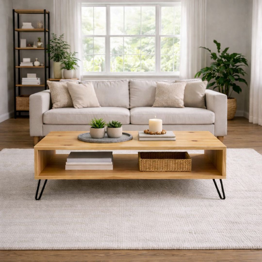 Mesa de Centro de Madera Maciza Estilo Industrial Pino Natural