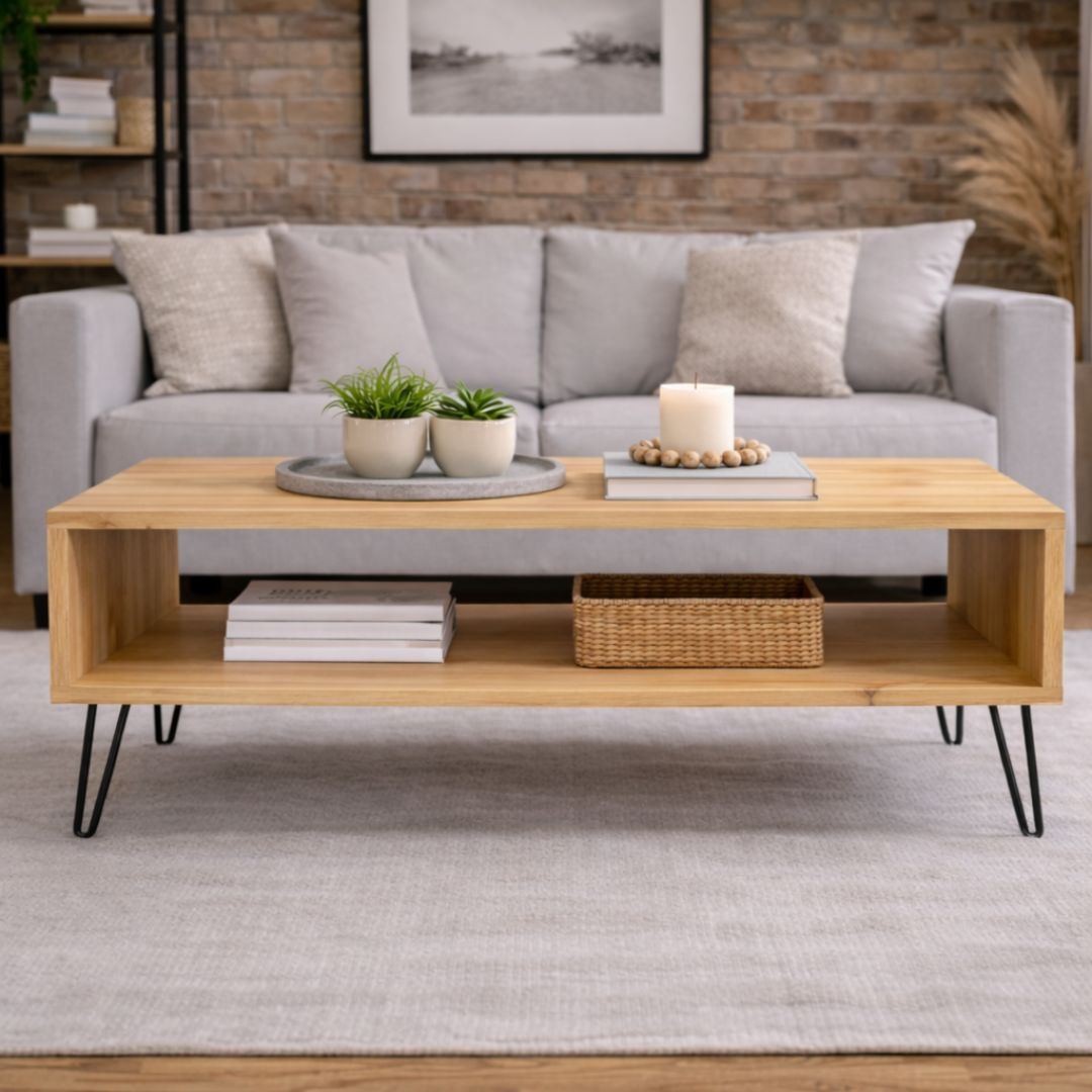 Mesa de Centro de Madera Maciza Estilo Industrial Pino Natural