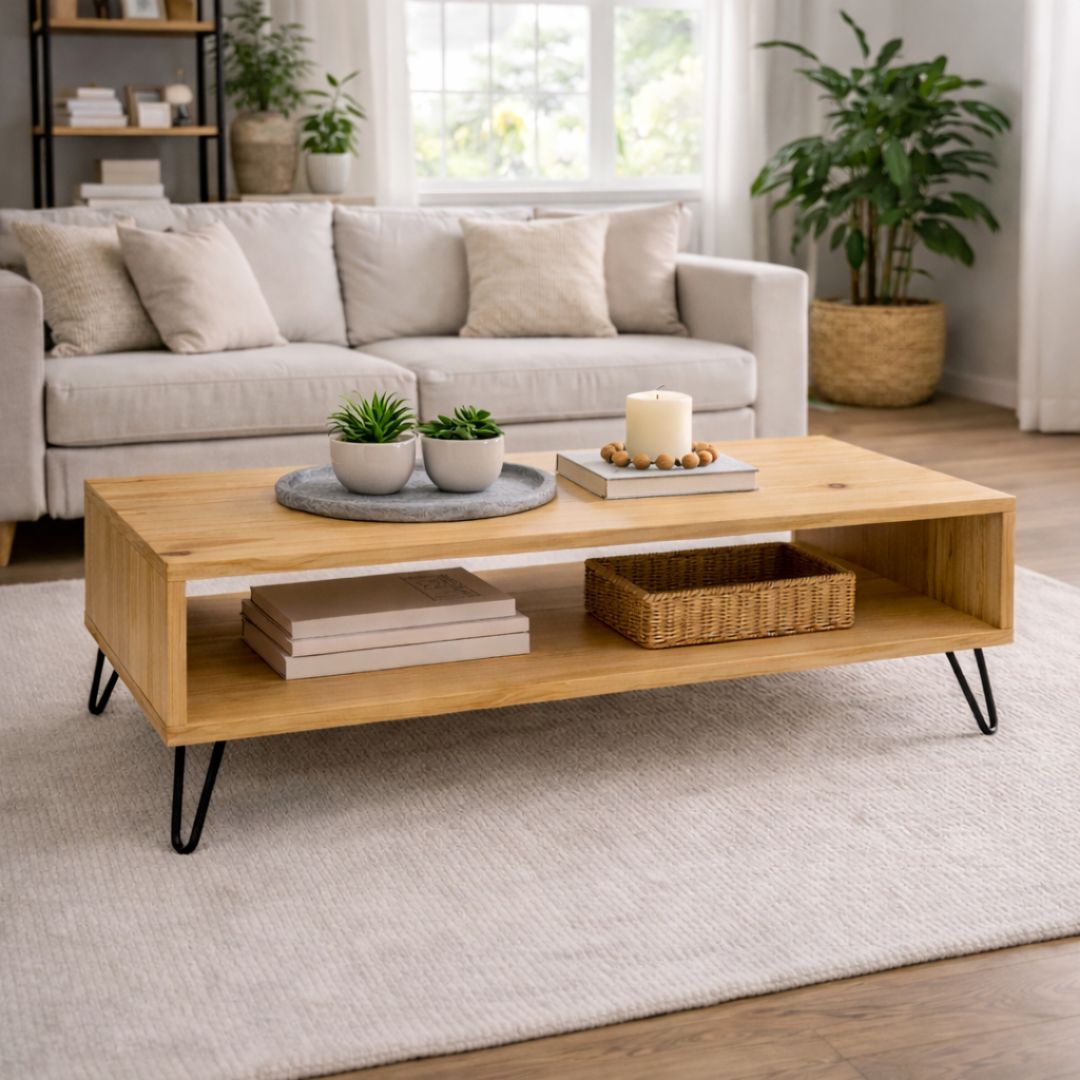 Mesa de Centro de Madera Maciza Estilo Industrial Pino Natural