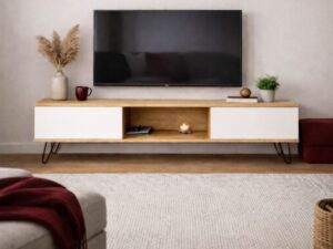 Mueble TV Madera Maciza Pino con puertas blancas