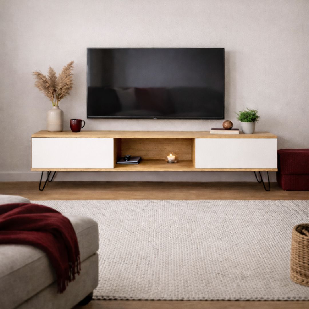 Mueble TV Madera Maciza Pino con puertas blancas