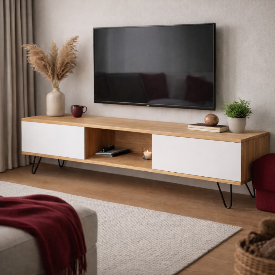 Mueble TV Madera Maciza Pino con puertas blancas