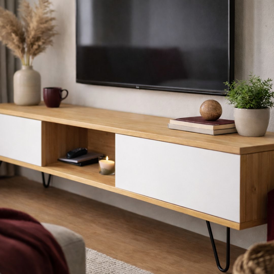 Mueble TV Madera Maciza Pino con puertas blancas