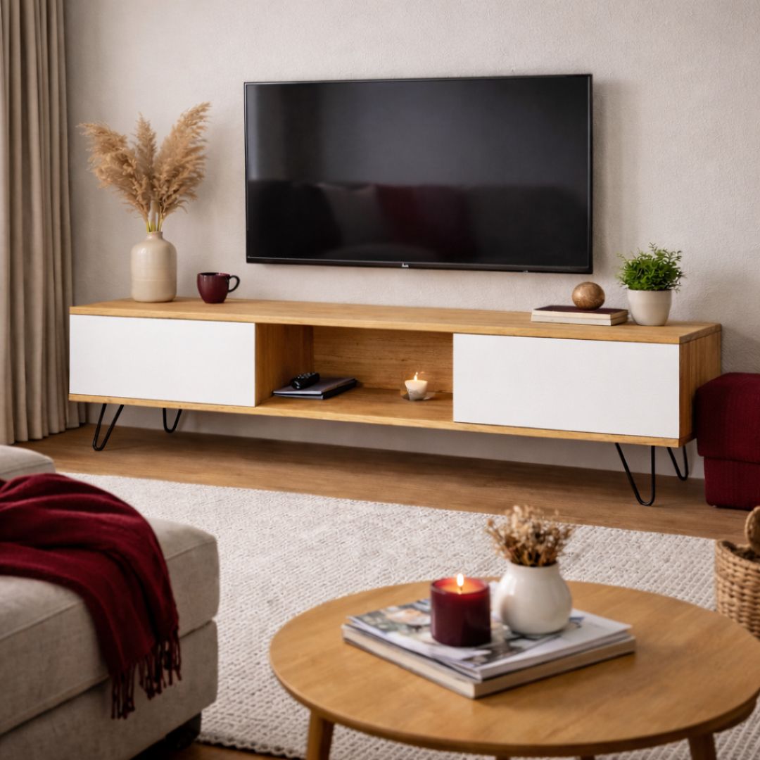Mueble TV Madera Maciza Pino con puertas blancas