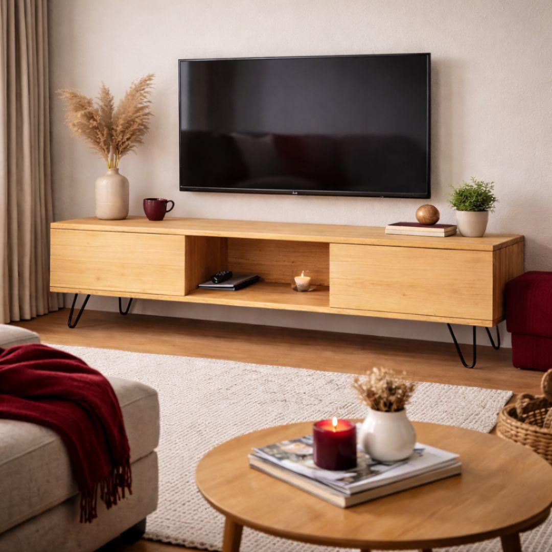 mueble tv madera maciza pino compartimentos