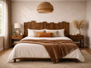Conjunto cabecero Cama 150cm Madera Listones Horizontal Flop Nogal y Mesillas