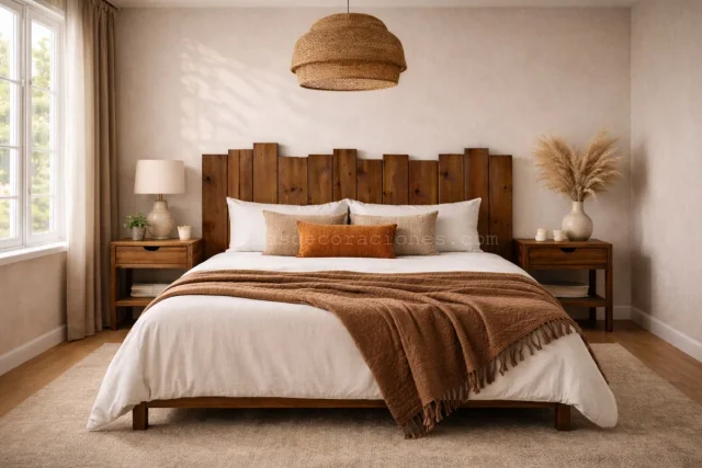 Conjunto cabecero Cama 150cm Madera Listones Horizontal Flop Nogal y Mesillas