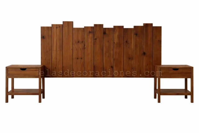 Conjunto cabecero Cama 150cm Madera Listones Horizontal Flop Nogal y Mesillas